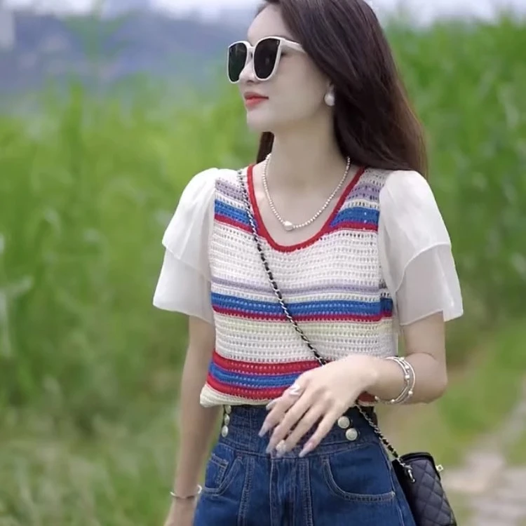 夏季新款条纹撞色时尚设计感百搭拼接针织上衣女睡衣