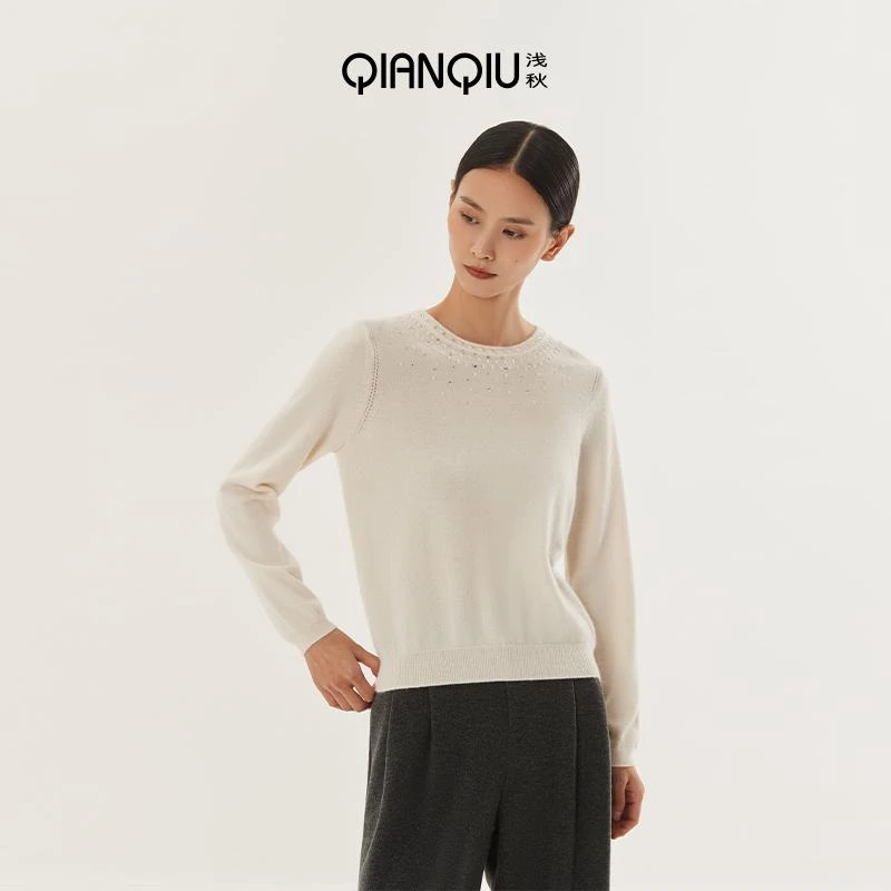 【新品】浅秋纯山羊绒圆领烫钻针织衫毛衣内搭女秋季新款商场同款