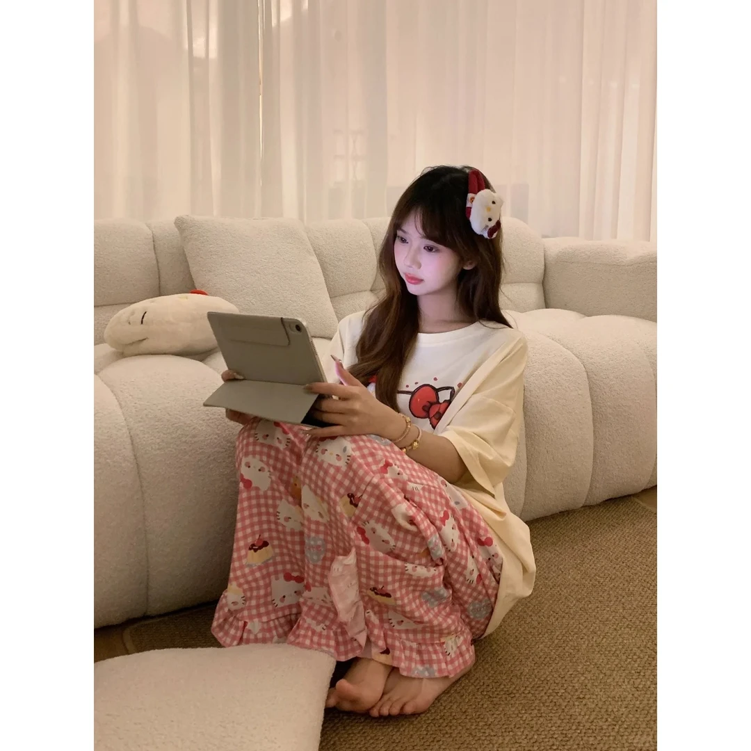 【粉色kitty猫】少女卡通甜美短袖睡衣女夏季新款套装可外穿家居服