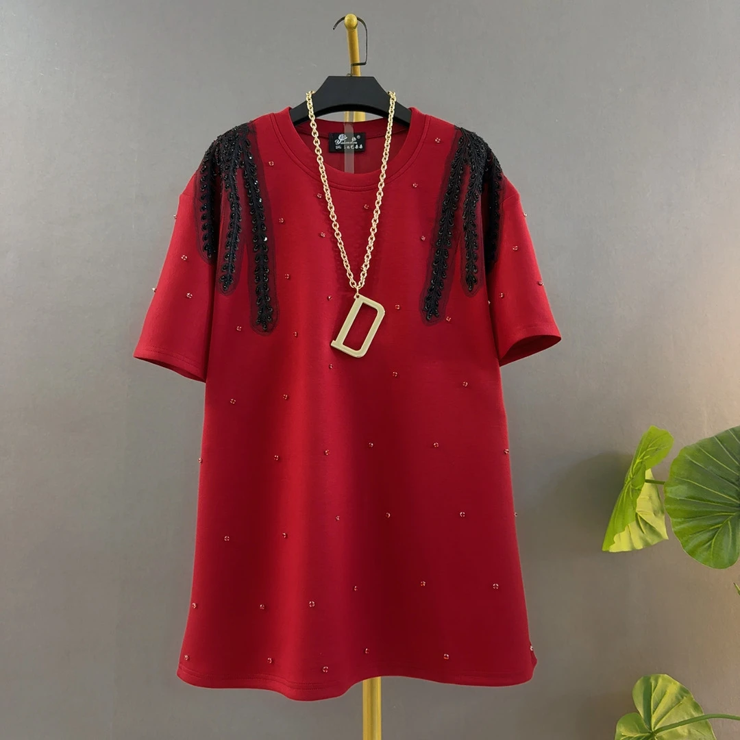 胖妹妹时尚圆领亮片钉珠新款中长款苹果型身材大码女装上衣半袖