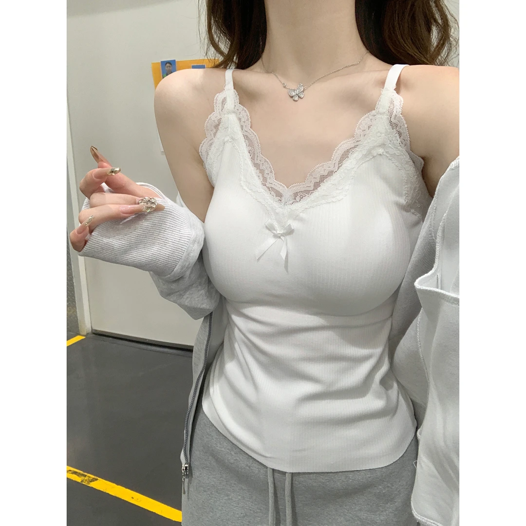 美式带胸垫内搭肩带可调节蕾丝吊带背心女春夏纯欲美背上衣打底衫