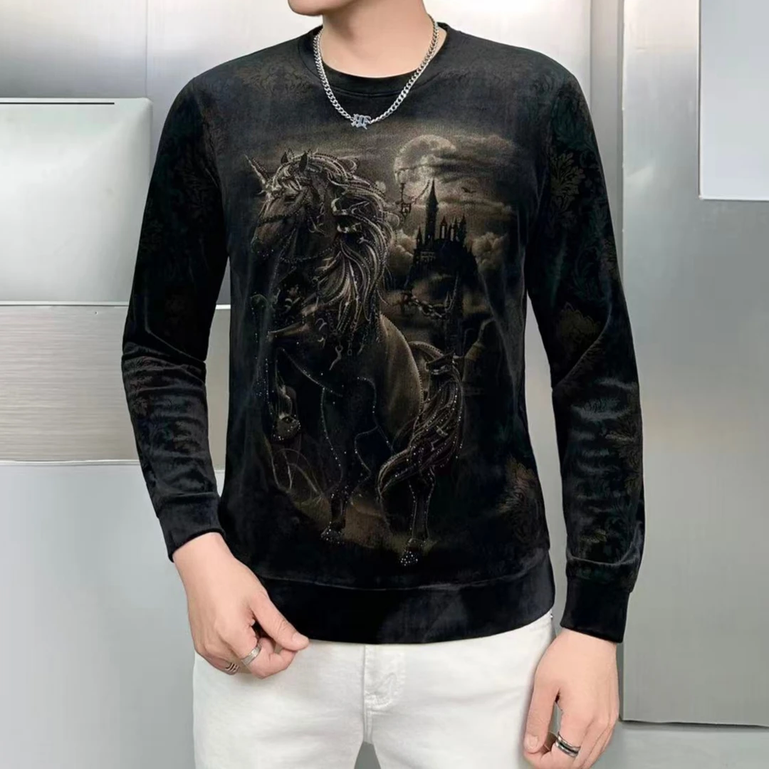 圆领潮流秋冬新款男士长袖卫衣时尚修身百搭丝绒印花卫衣男