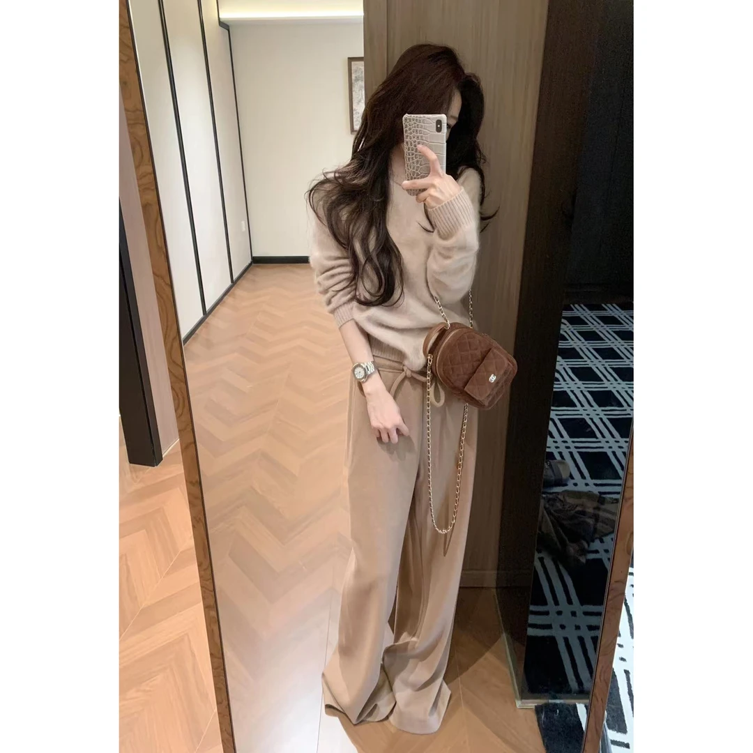 慵懒风长袖套头针织上衣气质时尚显瘦洋气休闲宽松长裤时尚两件套