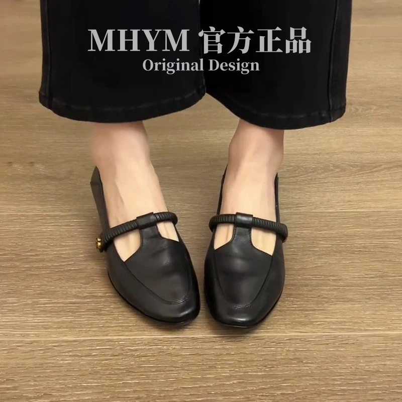 MH官方复古圆头山茶花玛丽珍女鞋通勤T字带气质浅口法式粗跟单鞋
