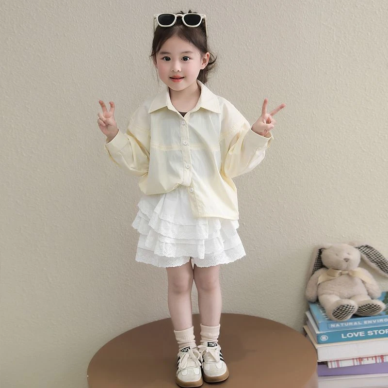 女童套装夏季2025新款洋气儿童防晒衬衫背心短袖女宝宝三件套夏装