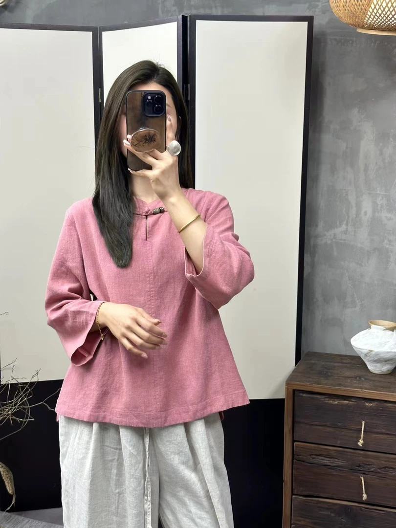 苏歆纺家亚麻一粒扣立领盘扣小衫衬衫女装上衣MQ7069外穿宽松纯色