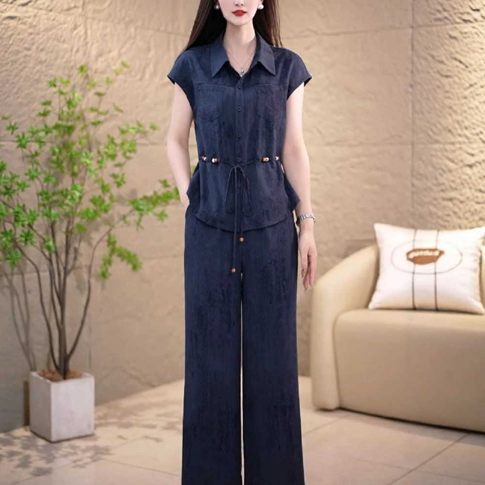 夏季新款轻职风纯色翻领套装2025新款女装气质简约知性垂感两件套