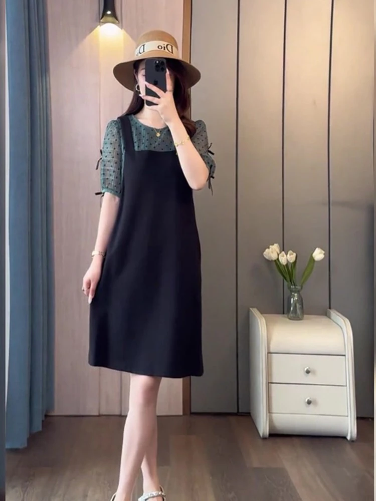 大码假两件连衣裙女夏季新款胖mm遮肚显瘦设计感气质轻熟黑色裙子