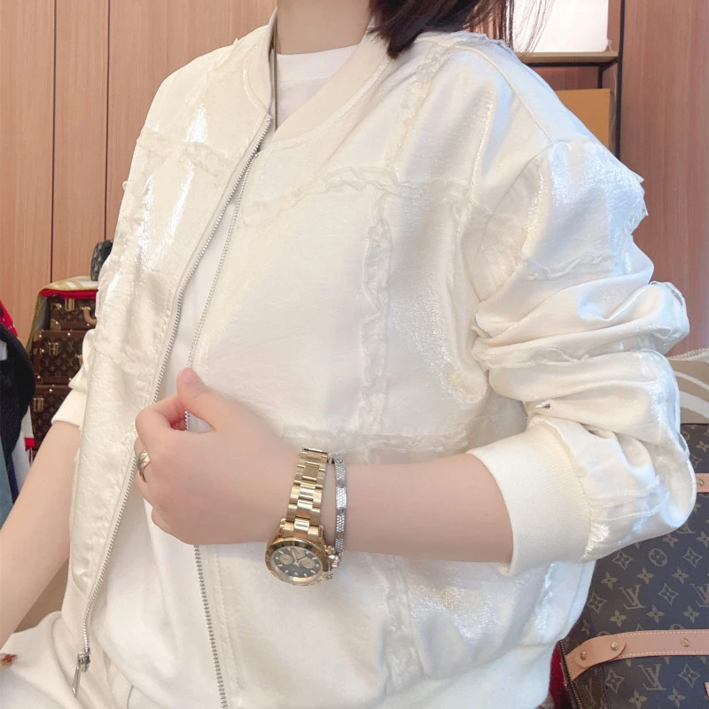 雪姐服饰「花边外套」新款时尚圆领拉链开衫纯色长袖百搭花边外套