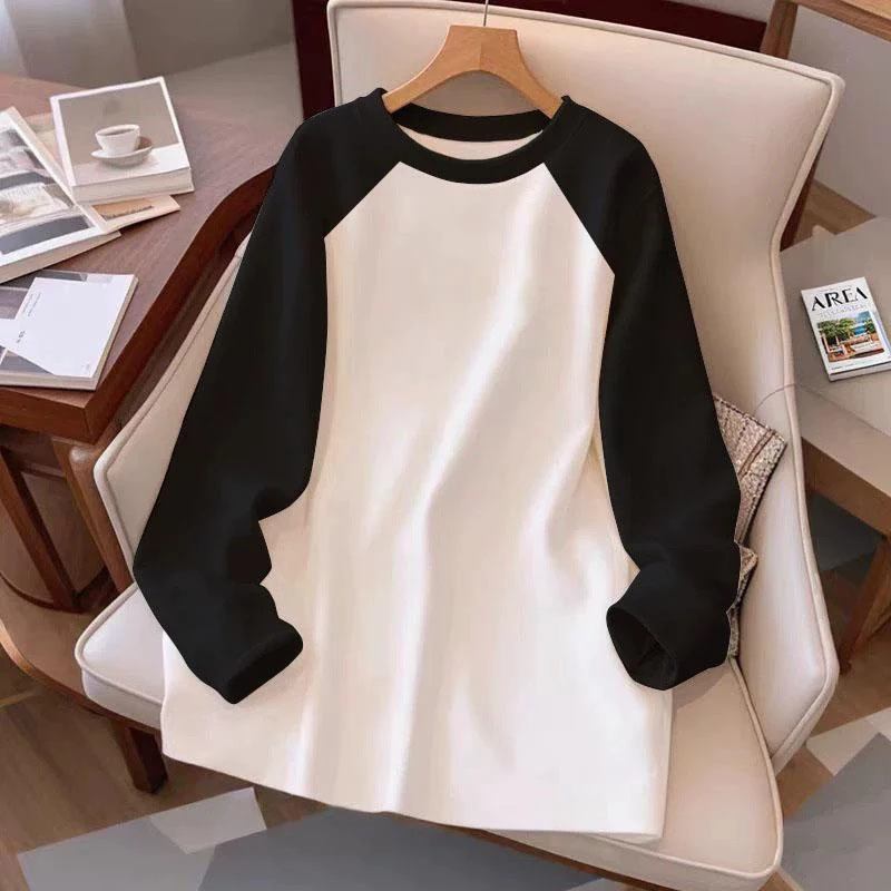 白色长袖T恤女拼接2025春秋冬新款韩版休闲加绒宽松百搭上衣中长