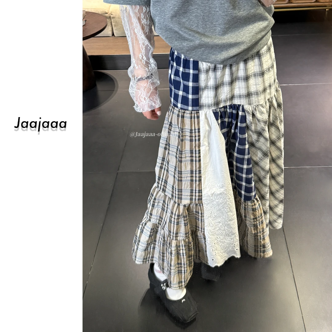Jaajaaa锡耶纳黄昏  复古格子松紧腰百搭气质不规则半裙/IBGH