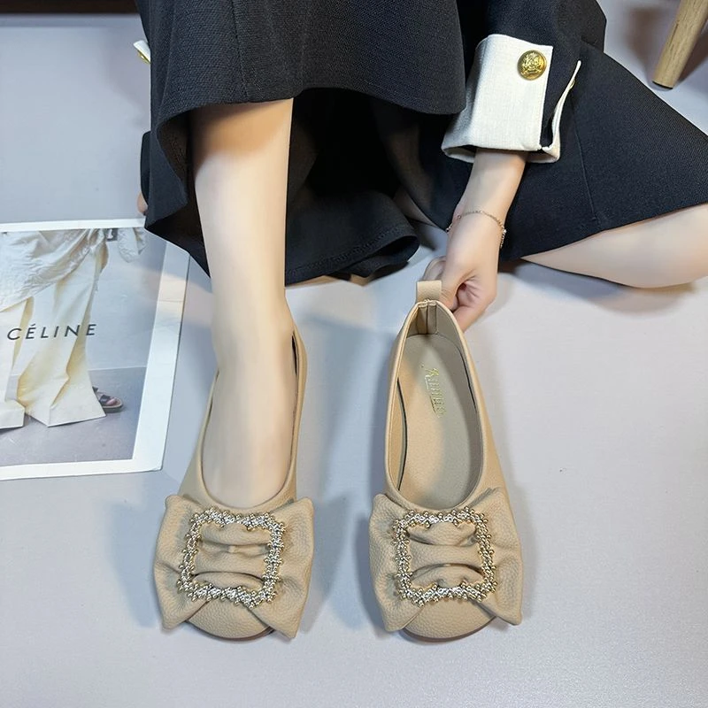 2024新款软底平底豆豆浅口单鞋舒适牛筋浅口软底黑色复古乐福鞋