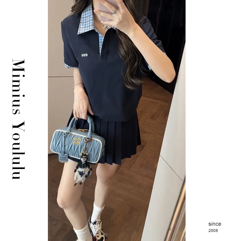 【mimius】喵喵 miu系假两件格纹拼接翻领上衣+半裙 G03327