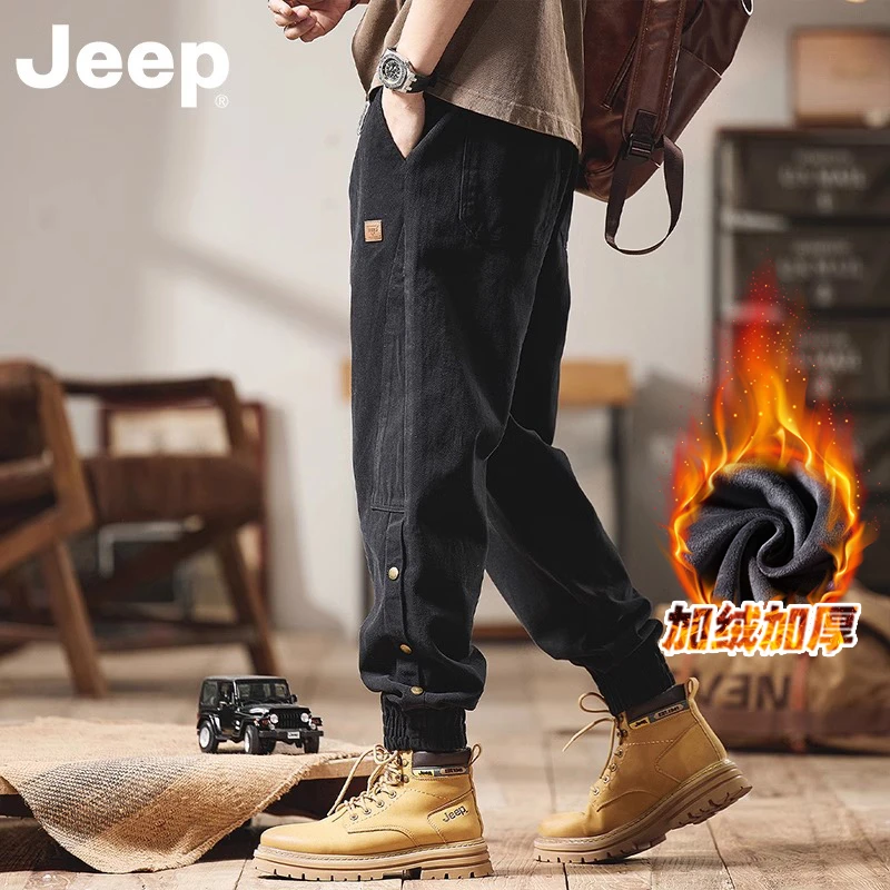 JEEP吉普美式纯棉工装裤男士秋冬2025新款冬季加绒束脚休闲男裤子