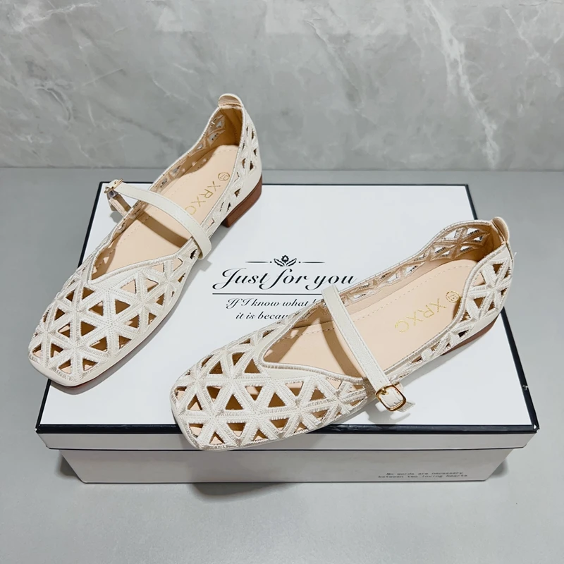 包头凉鞋女夏2025新款方头软底单鞋低跟瓢鞋镂空透气复古玛丽珍鞋