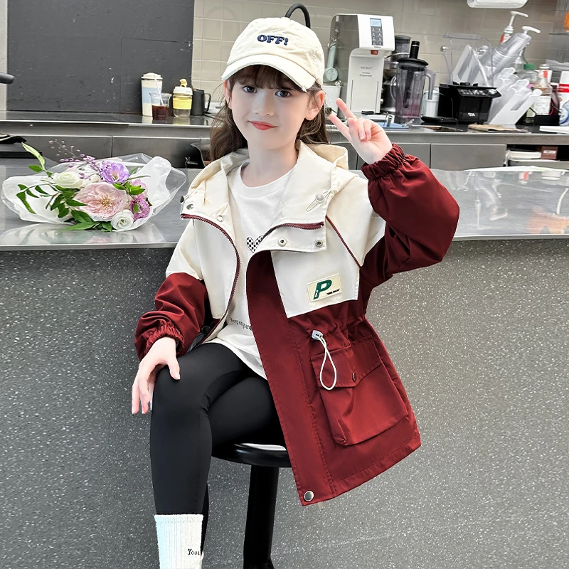 女童外套春装儿童冲锋衣2025新款洋气女孩中长款风衣大童连帽衣服