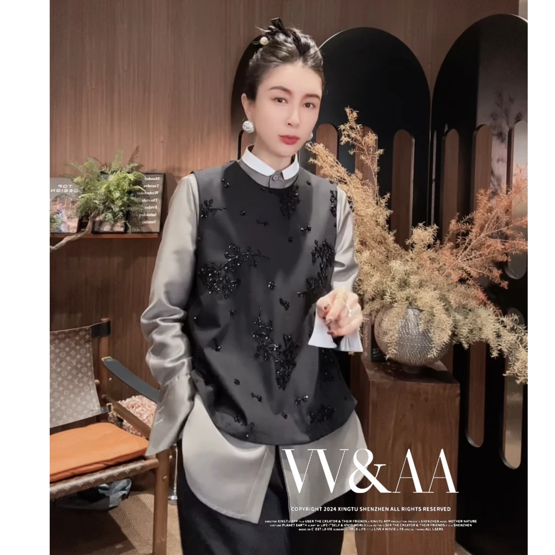 VV&AA 时尚百搭圆领重工钉珠无袖坎肩马甲 D6157