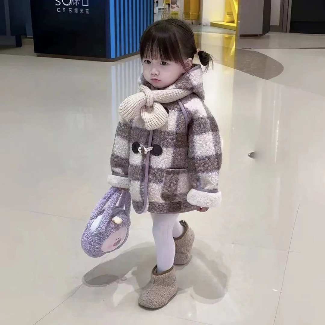 女童2025秋冬新款洋气韩版毛呢大衣加厚外套儿童女款格子宝宝潮