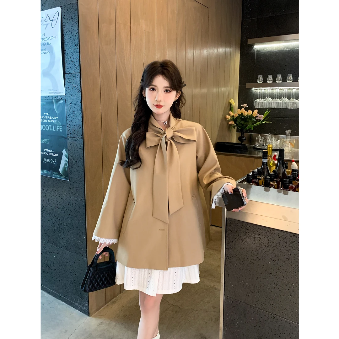 SE【删减情绪】风衣女春季卡其色法式千金风蝴蝶结飘带中长款风衣