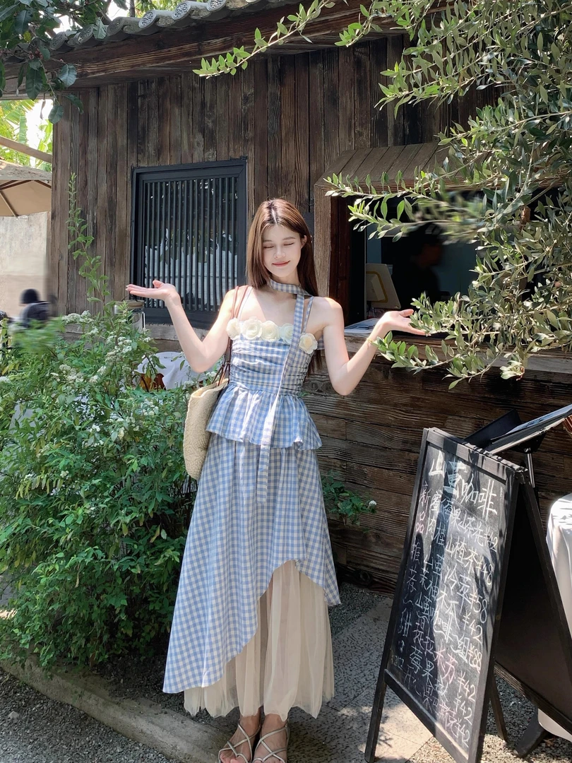 法式修身显瘦格子吊带网纱拼接不规则半身裙女2025夏季新款两件套