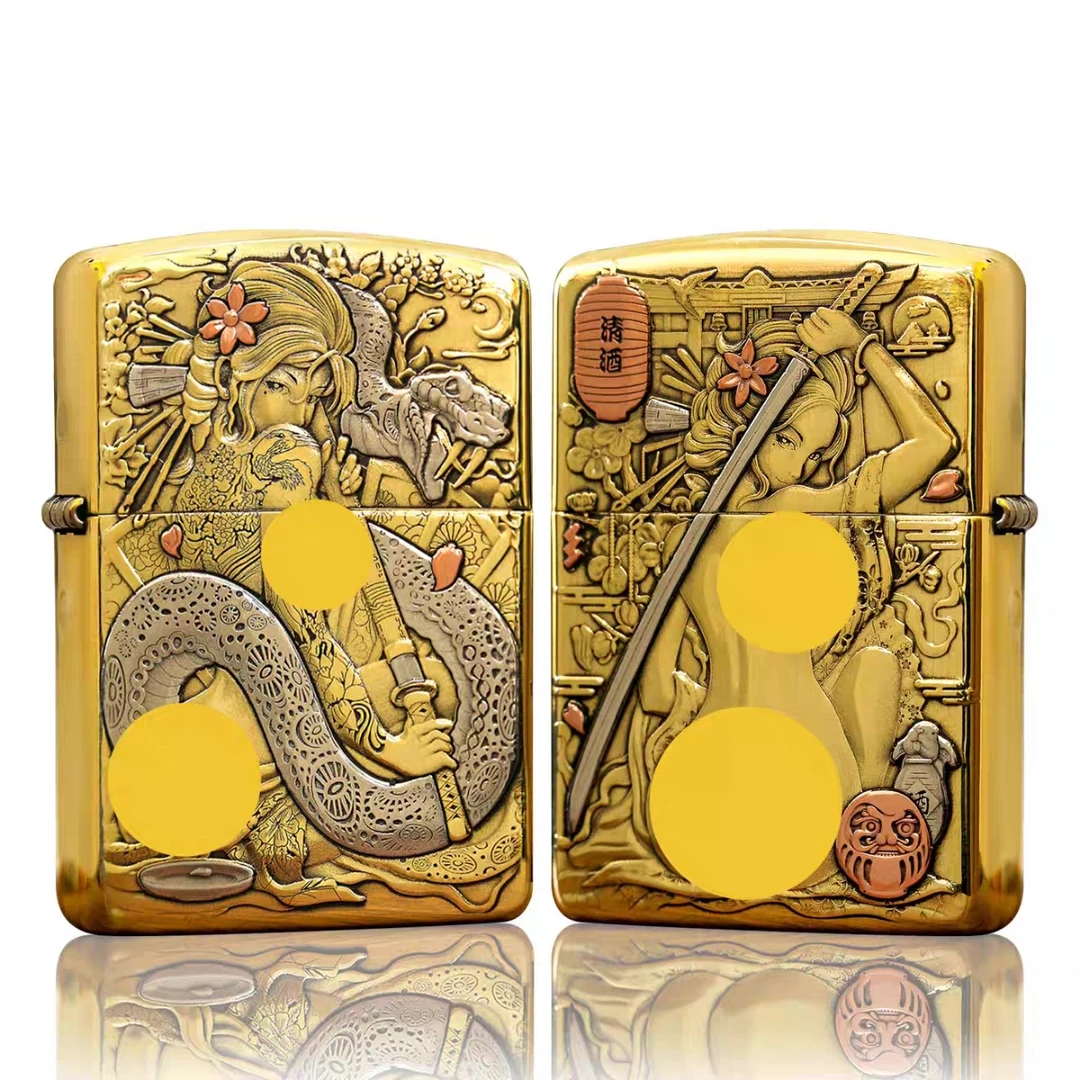 Zippo打火机铜盔甲蛇女 醉姬刀女3D浮雕镶嵌煤油防风送男友DYJ1
