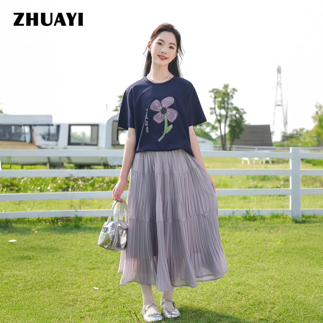 朱阿姨2025夏季女大童套装【短袖+半身裙】2件套裙子女孩（25217346）