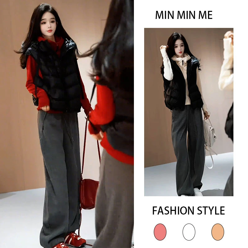 2025秋冬新款设计感街头风无袖马甲内搭连帽外套加绒休闲裤三件套