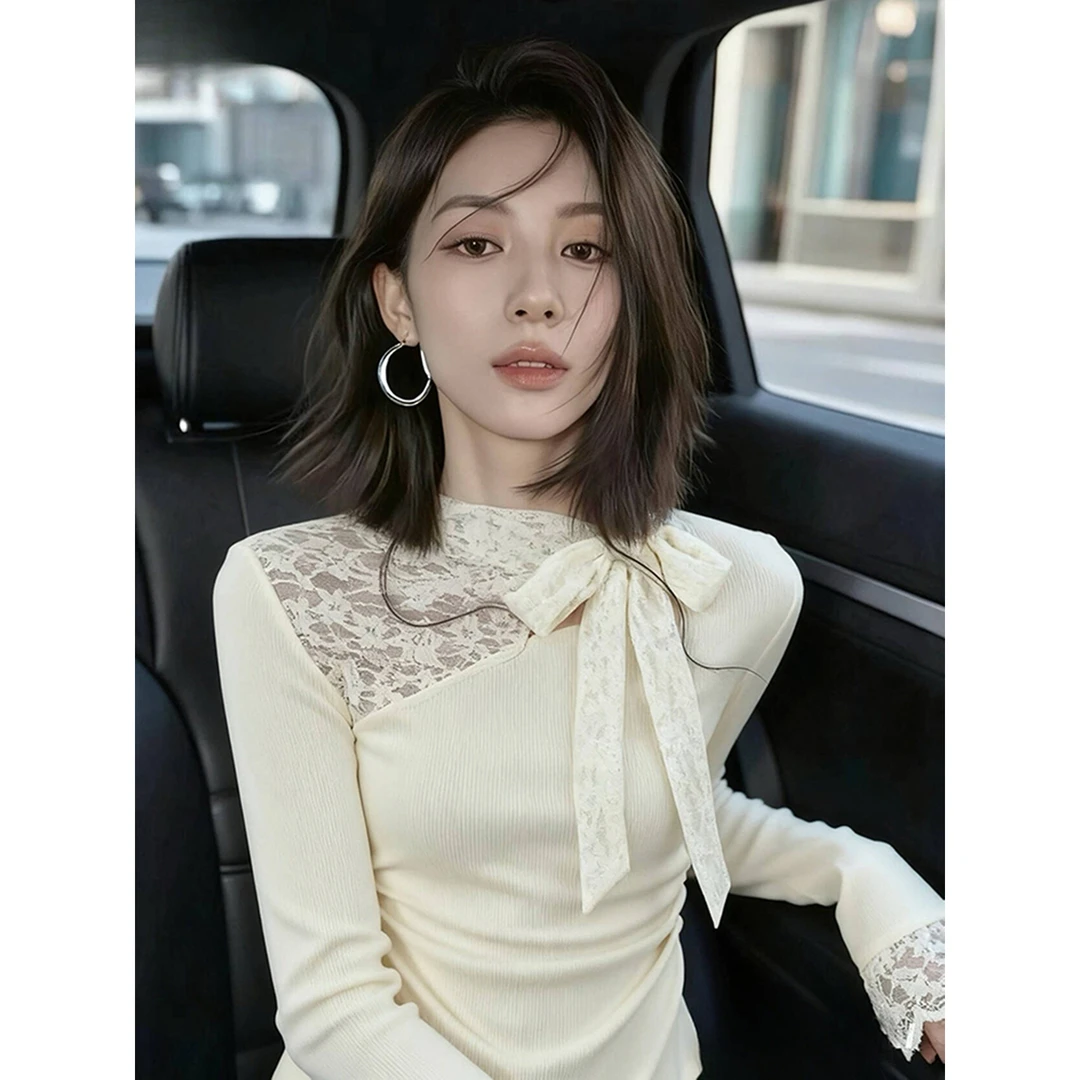 韩系超好看蕾丝镂空长袖t恤女秋冬设计感拼接别致绑带打底衫上衣