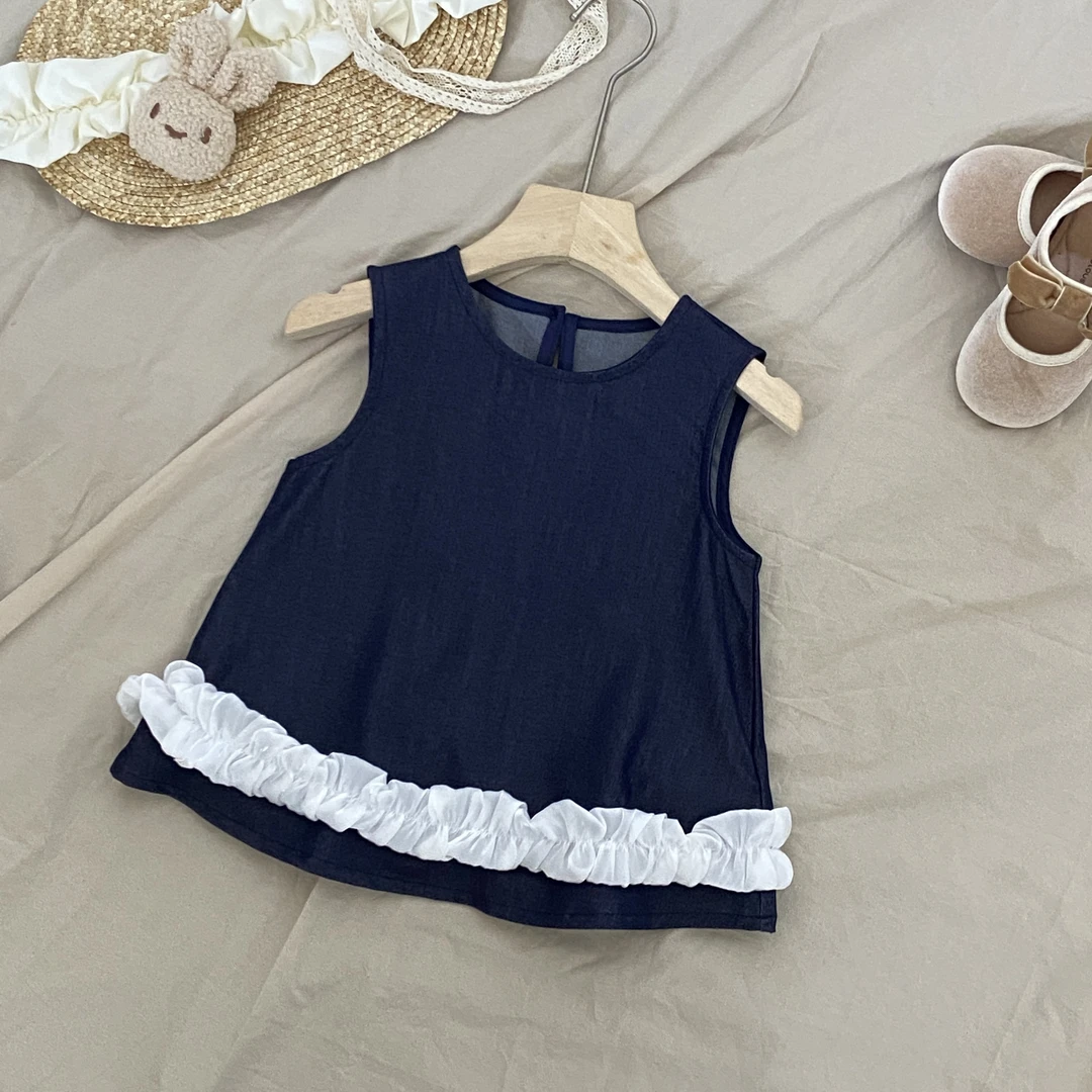 女童夏季牛仔上衣儿童无袖百搭时尚休闲洋气小女孩圆领花边吊带