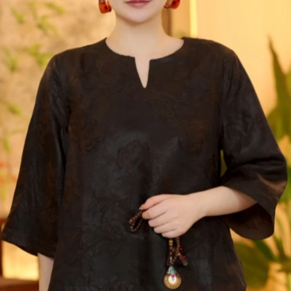 李  新中式国风 1001256 花绸 重磅 小V领 双面双穿 上衣 L