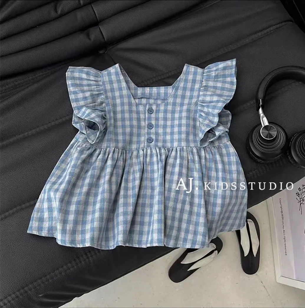 纯棉女童夏季新款衬衫花边方领格子花边短袖女宝宝薄款上衣儿童