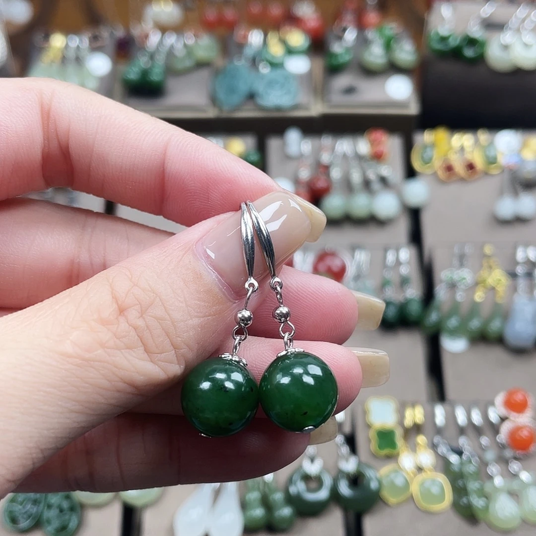 和田玉银S925镶嵌耳饰