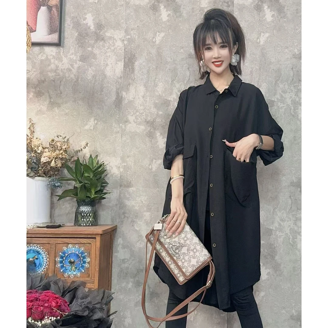 【沐木流浪记】（扶光）慵懒风宽松大码中长款黑色翻领女衬衫Z 23
