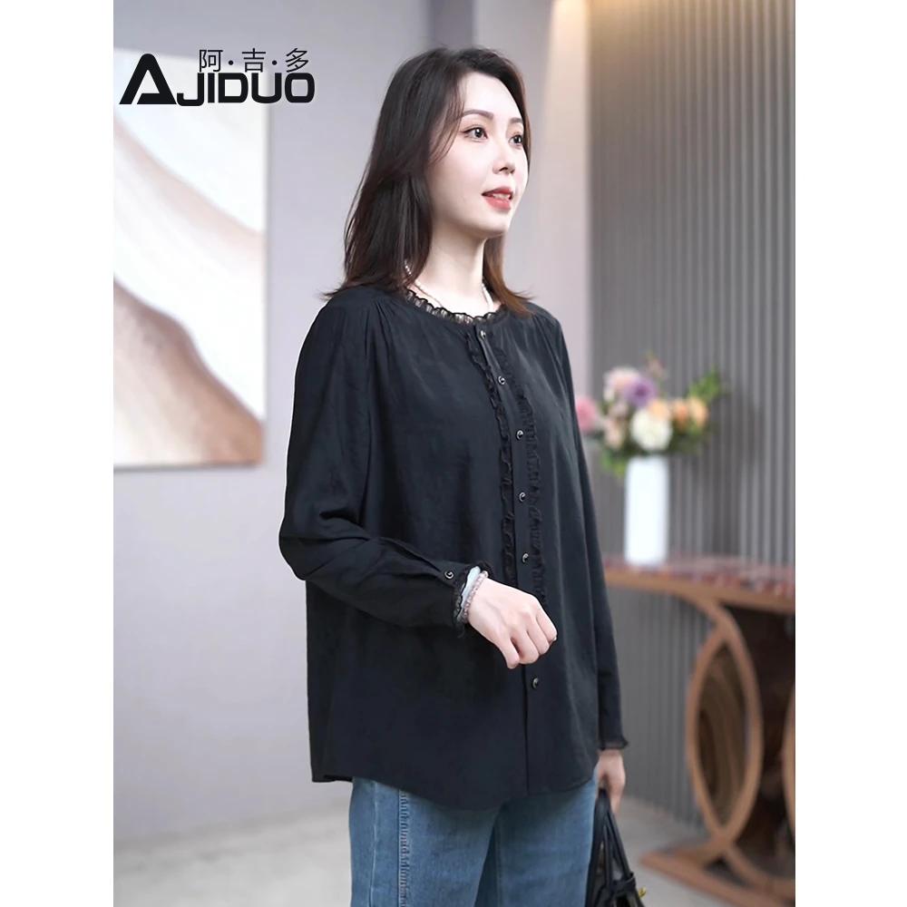 A22303秋季新款黑色长袖衬衫女圆领高级感气质百搭时尚显瘦上衣