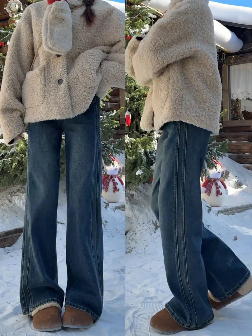 复古蓝加绒直筒牛仔裤女秋冬胖mm显瘦梨形身材宽松弹力微喇阔腿裤