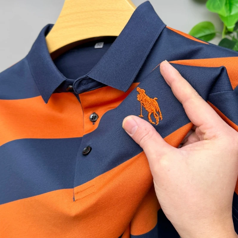 CATIA SELI2025夏季宽松短袖t恤男士翻领横条纹POLO衫丝光棉上衣