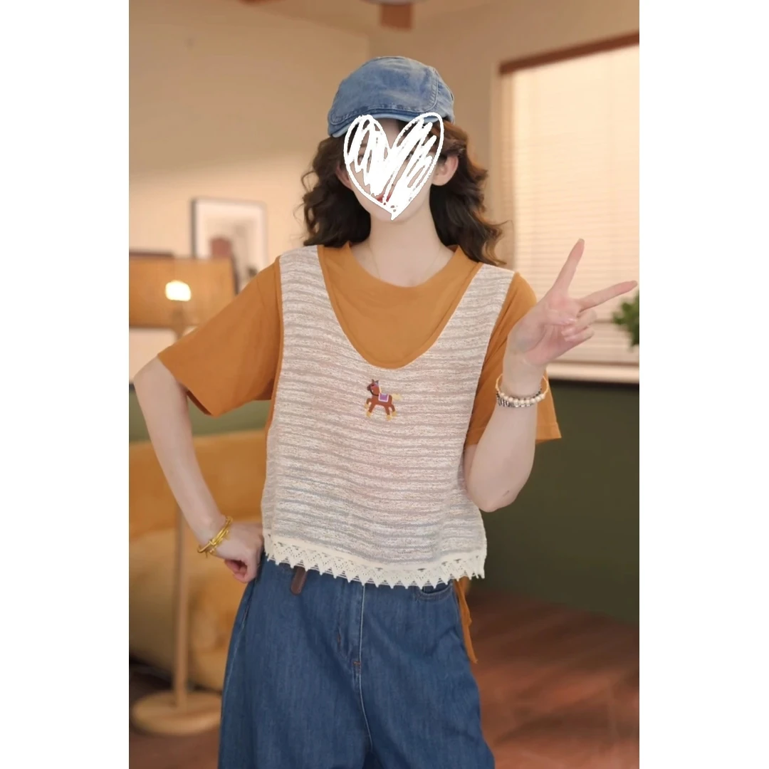 【柔声晚霞】2025年法式气质设计感夏日T恤女假两件显瘦休闲上衣女