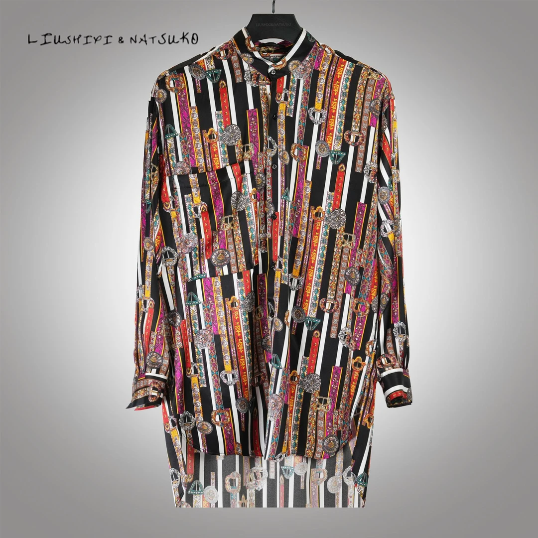 L&N立领大贴兜宽松版（长袖）桑蚕丝时尚潮流印花衬衫