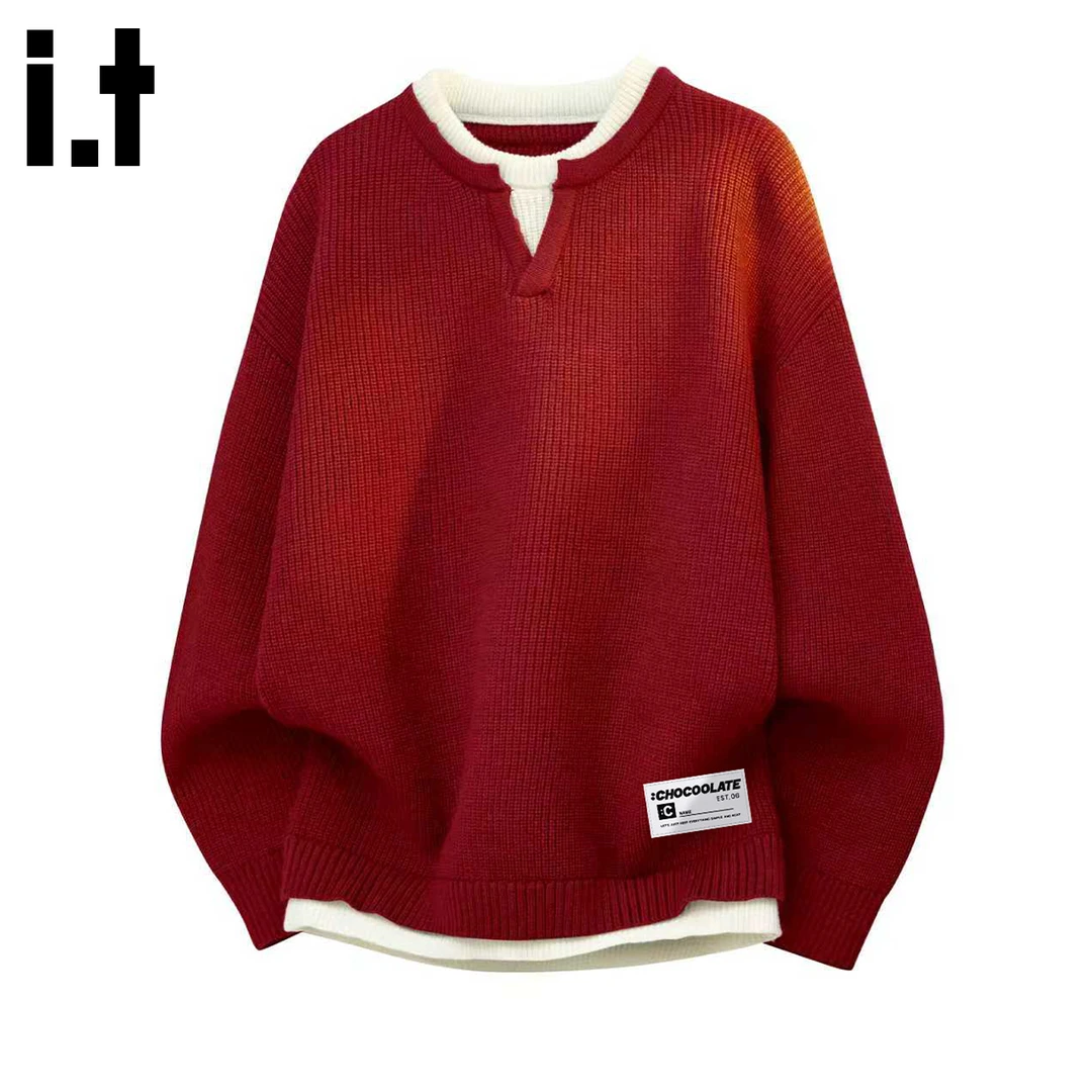 i.t:CHOCOOLATE假两件红色毛衣男秋冬季圣诞节潮牌情侣保暖针织衫