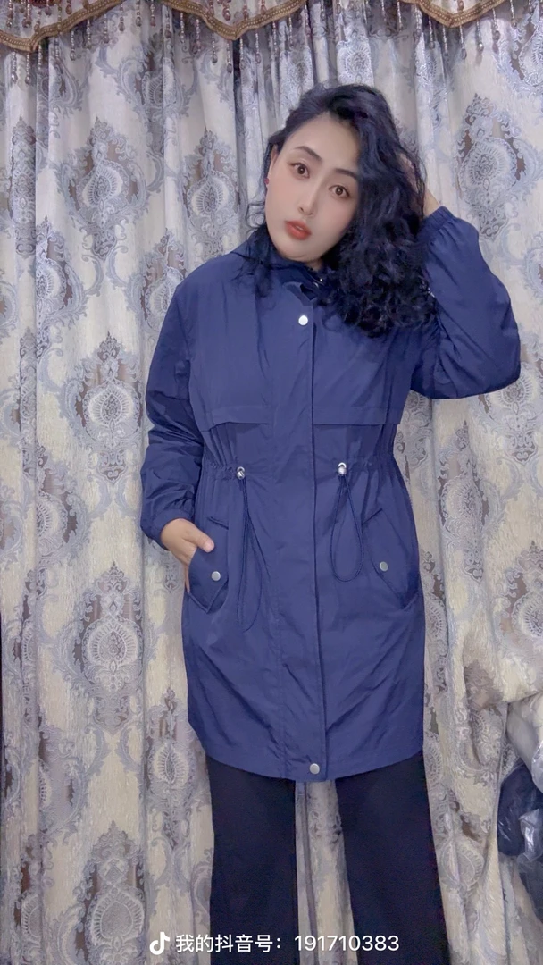 中长款休闲抽绳收腰立领连帽春秋风衣外套
