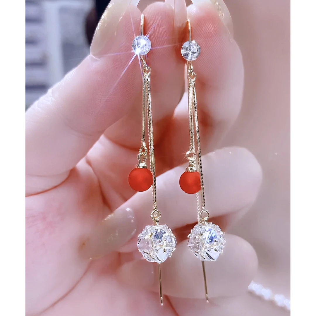 铜合金合成锆石耳饰 气质百搭时尚轻奢珠珠几何流苏耳环