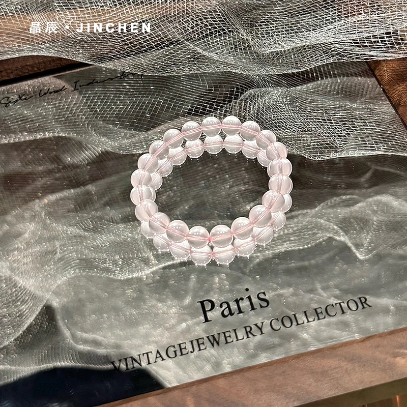 天然全净体收藏级莫粉水晶手串莫桑比克星光粉手链冰橘粉马粉女生