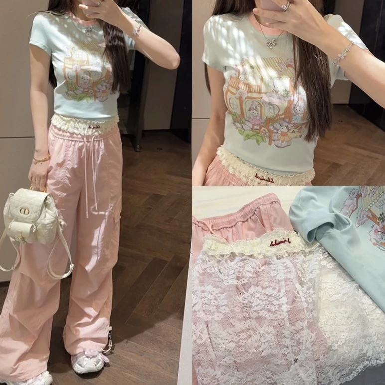 【mimius】U 甜美减龄撞色可爱印花短袖+长裤(含蕾丝打底) G05349