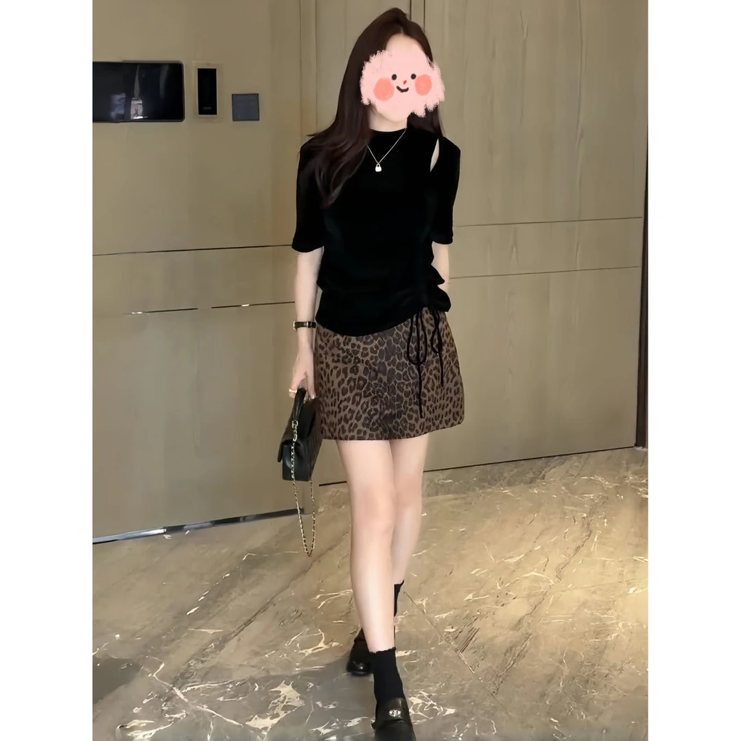 春秋新款酷飒风高级感纯色百搭上衣女今年复古显瘦豹纹半身裙套装