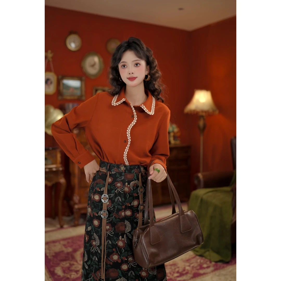 扣子家【陌上花开】港风复古设计感衬衫不规则门襟衬衣KR3882288