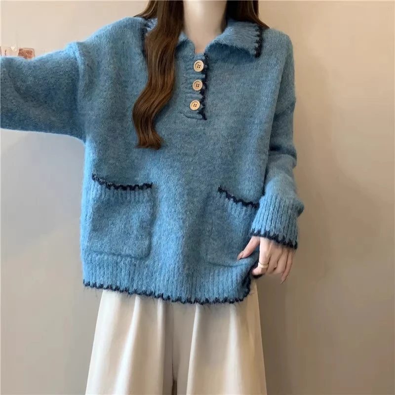 宽松慵懒Polo领正肩针织衫毛衣女秋冬百搭套头显瘦内搭打底衫上衣