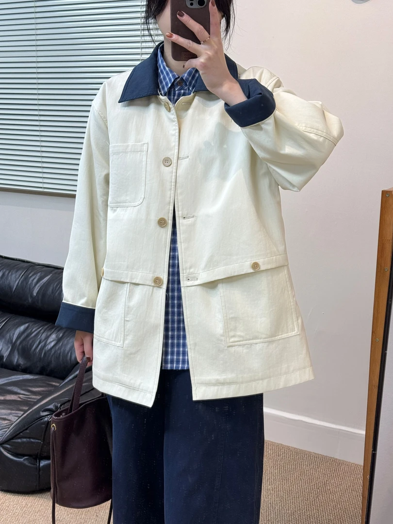 韩风春装小个子撞色风衣翻领单排扣翻边袖宽松直筒工装中长外套女