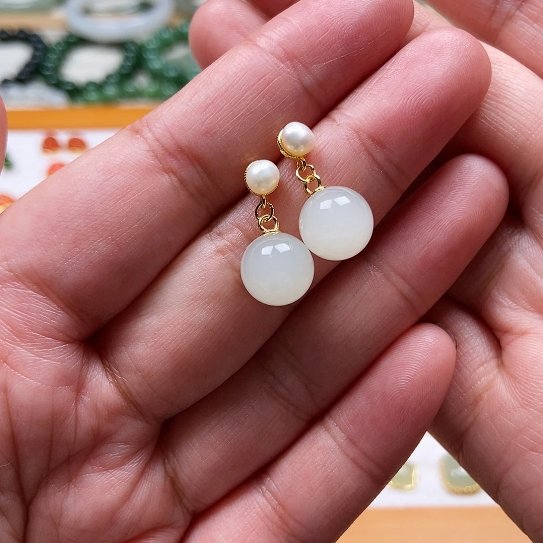 和田玉耳饰银S925镶嵌