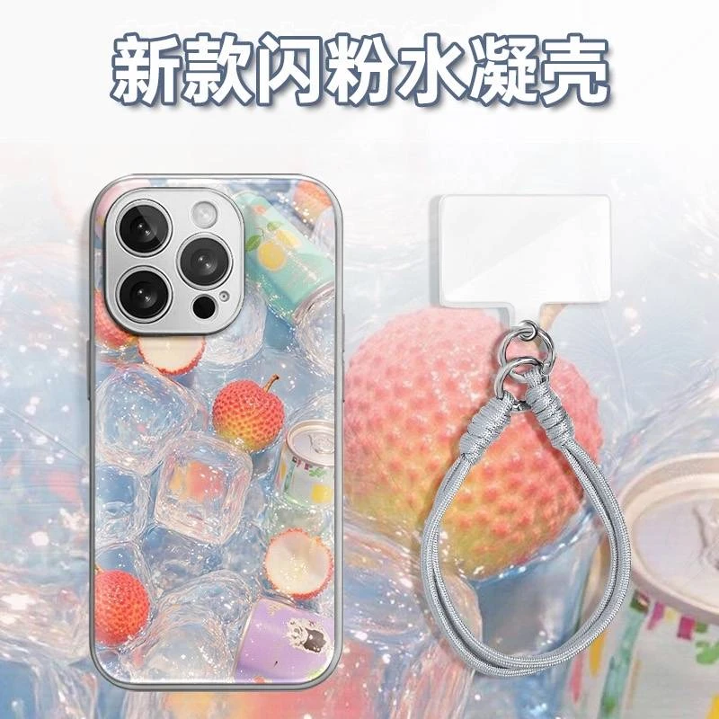 水中冰块荔枝水凝玻璃壳适用iPhone苹果16手机壳华为oppo小米vivo