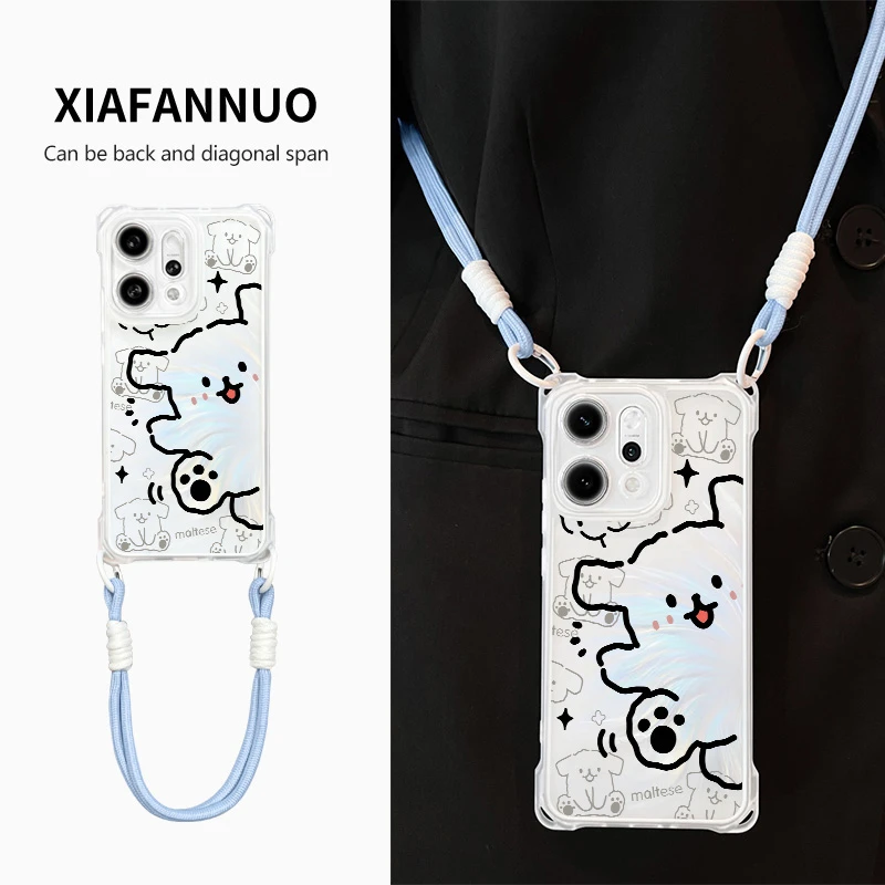 线条小狗适用opporeno14手机壳新款Reno13pro带挂绳oppo斜挎12众